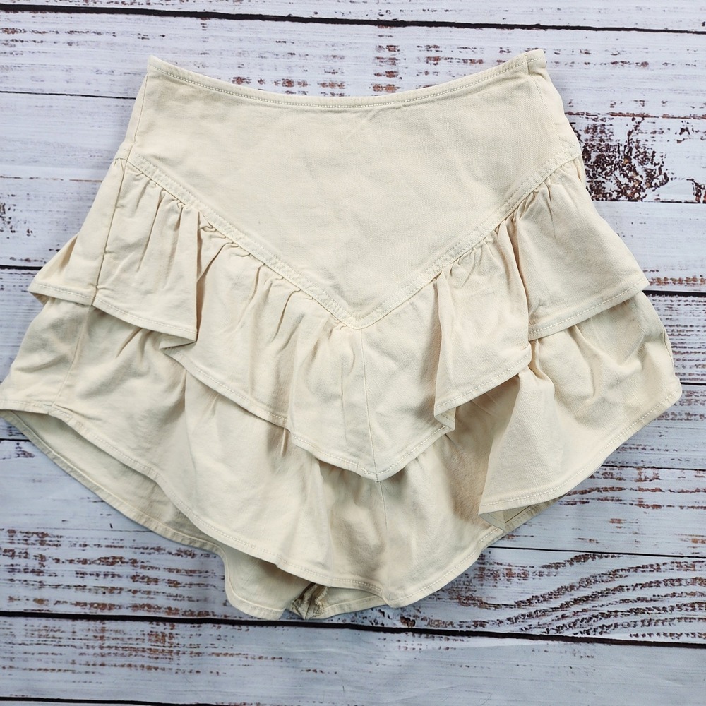 MOTHER The Ruffle Mini Skirt Women's 27 Chalk Ivory High Rise Tiered Denim